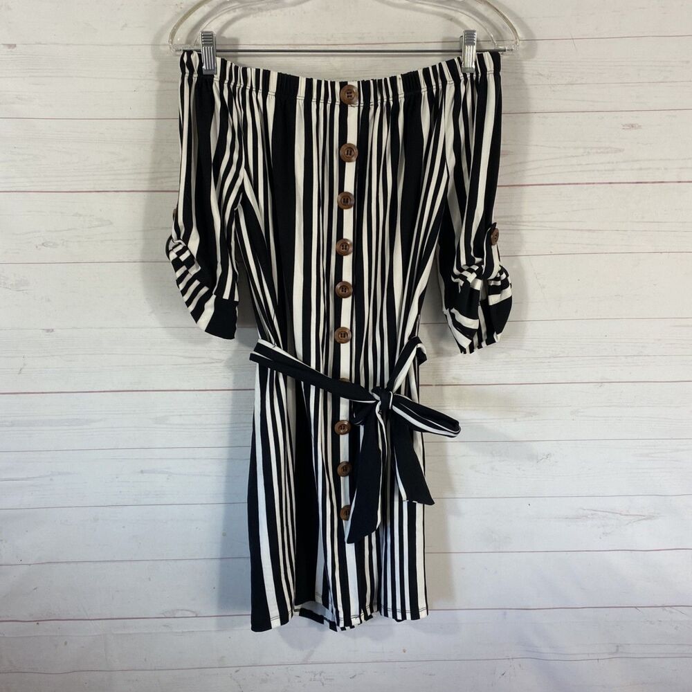 J for Justify Womens Off Shoulder Belted Mini Dress Sz Small Black Stripe